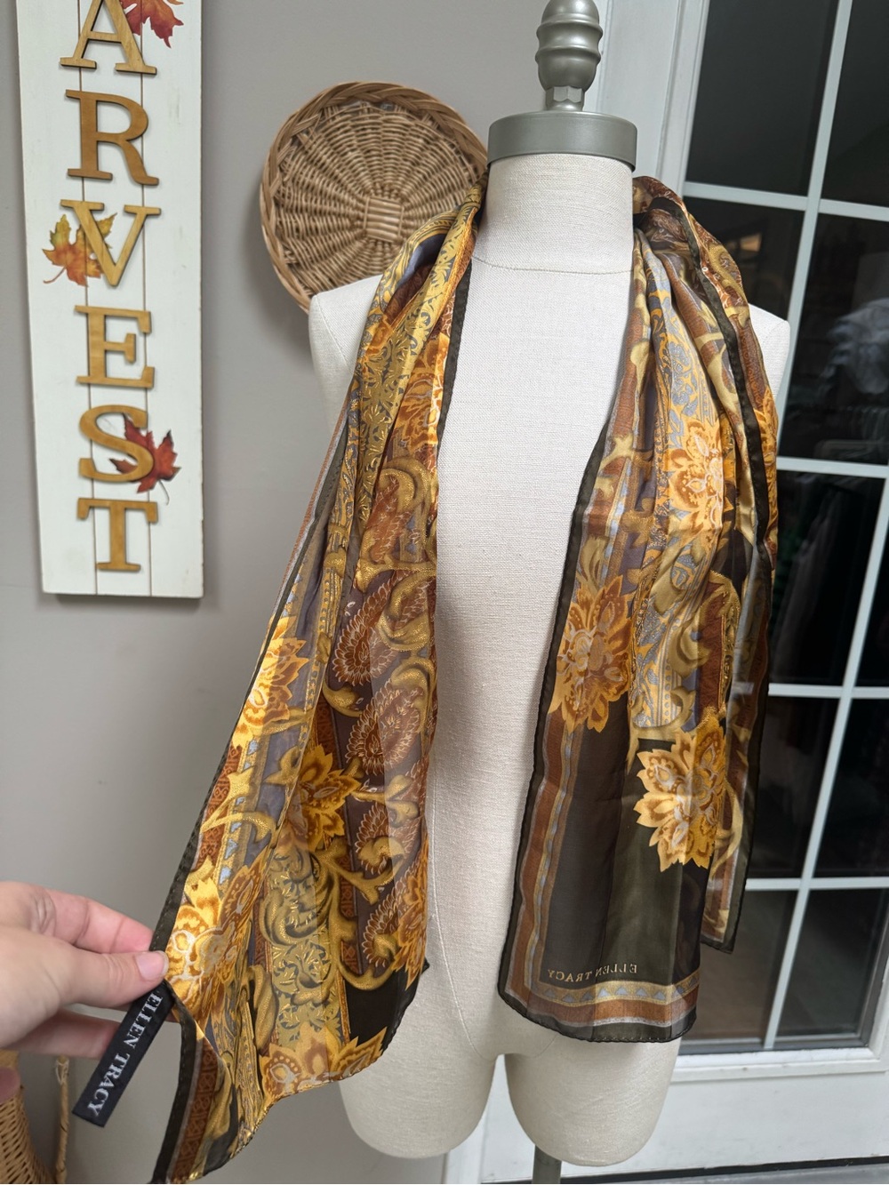 Ellen Tracy 100% Silk Rectangle Scarf Gold Brown Baroque Floral Chiffon Wrap
